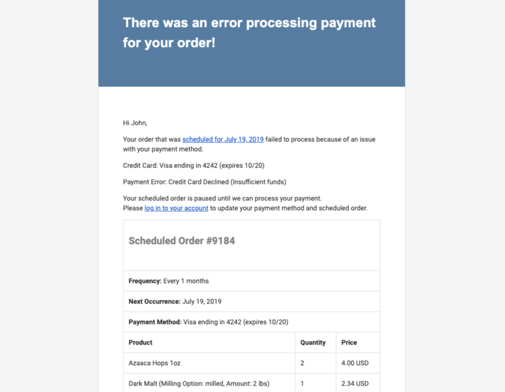 Payment Method Failed error notification email.