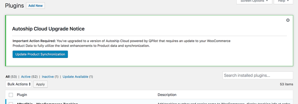 Updating the plugin will result in an alert to Update Product Synchronization