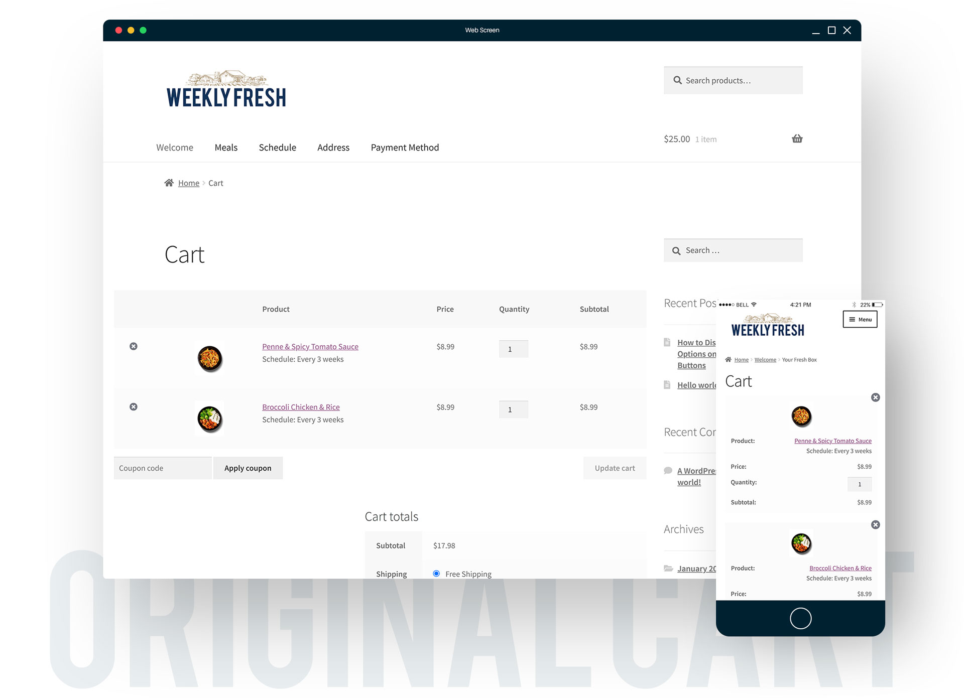 Autoship Cloud WooCommerce Storefront eCommerce Meal Subscription Original Cart