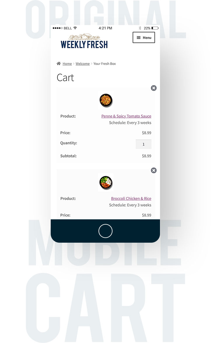 Autoship Cloud WooCommerce Storefront eCommerce Meal Subscription Mobile Original Cart