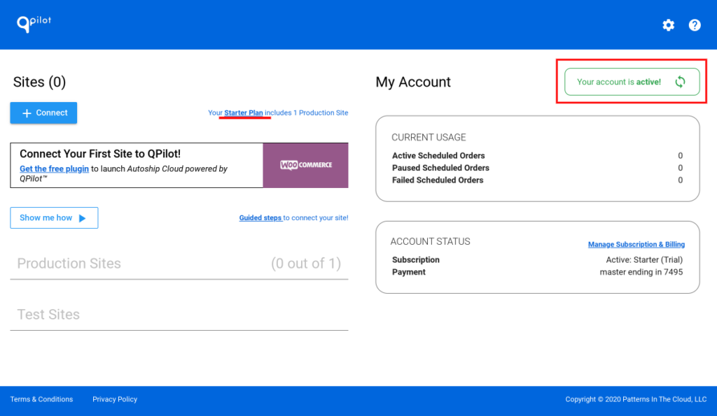 Completing the trial account signup with QPilot 