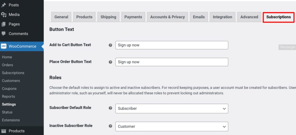 Accessing settings of the WooCommerce Subscriptions plugins
