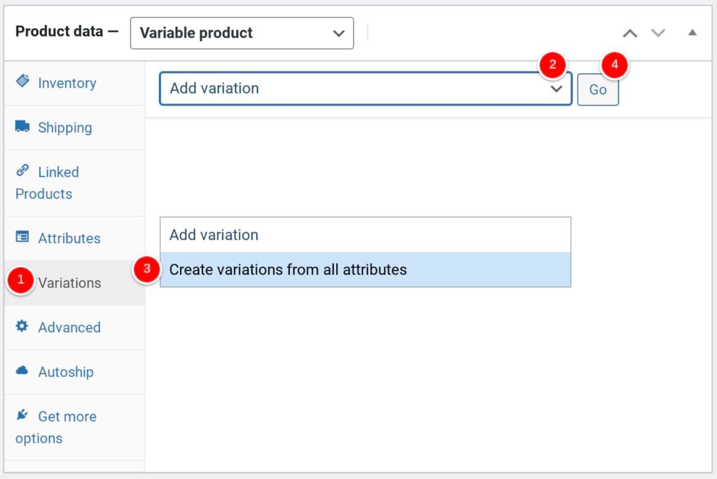 Creating variations from attributes - WooCommerce variable products