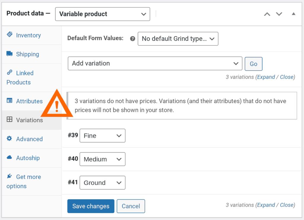WooCommerce asking you to set prices for your variable product variants