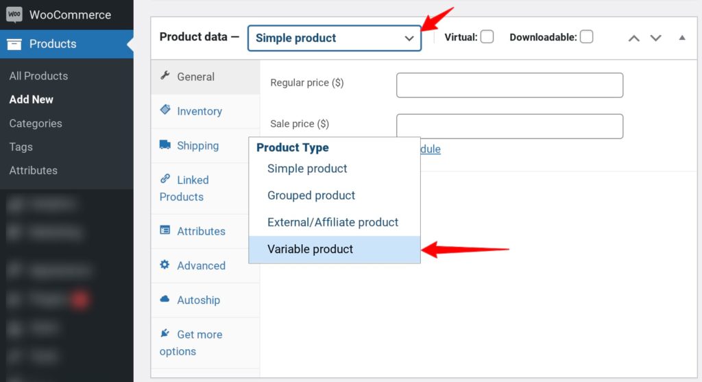 Setting up a variable product