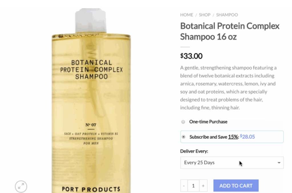 Shampoo in online store with subscription option by Autoship Cloud