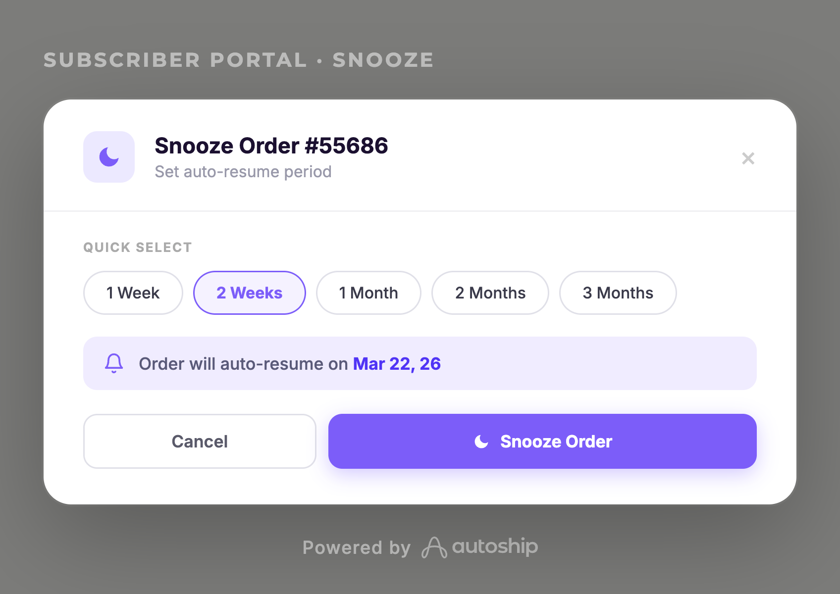 Autoship Snooze feature UI showing pause options of 1 week, 2 weeks, 1 month, and 3 months with auto-resume